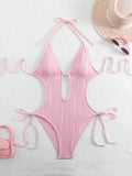 S - XXL Halter V Neck Wrinkled Female Swimwear One Piece Swimsuit Women Backless Monokini High Cut Bathing Suit Swim Beach Wear