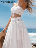 S - XL Bandeau Crochet Knitted 2 Pieces Suits Tunic Beach Cover Up Cover-ups Beach Dress Beach Wear Beachwear Female Women V8218