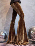 new European and American high-waisted slim shiny silver drape gold velvet bell-bottom casual pants