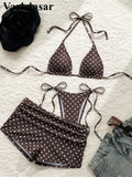 S - XL With Shorts Polka Dot Halter Bikini Female Swimsuit Women Swimwear Three-pieces Bikini Set Bather Bathing Suit Swim V8292