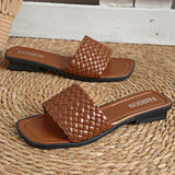 Classic Plus Size Woven Slippers for Women Summer Square Toe Low Heel Slides Sandals Woman Outdoor Pu Leather Beach Flip Flops
