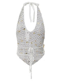 Women Halter Neck Sleeveless Crochet Hollow Out Sequin Seashell Decor Crop Vest Summer Tank Tops for Vacation Beach
