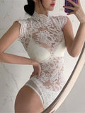 White Sweet Korean Lace Transparent Mesh Flowers Sexy Backless Bandage Top Hot Korean Women Summer Bodysuits Rompers FJ8U