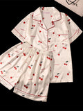 Cherry Print Silk Pajamas Set for Women Summer Short Sleeve Shirt and Shorts Two Pieces Sleepwear Homewear Nightwear