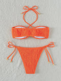 Halter Tie Side Pleated Smocked Bikini Women Bandeau Swimsuit Female Swimwear Two Pieces Bikini Set Bathing Suit Swim Beach Wear