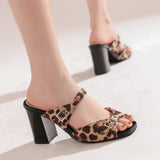 Fashion Leopard Print Square Heel Slippers Summer New Square Toe Metal Buckle Non-slip Wear-resistant Kitten Heel Shoes