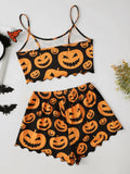 Halloween Devil Pumpkin Print Pajamas Set Women Short Sleeve Tops and Shorts Set Home Clothes Sleepwear Nightwear