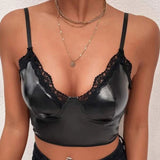 Womens Black Faux Leather Lace Trim Cami Tops Spaghetti Strap V Neck Bustier Crop Top Shiny Wet Look Camisole Sexy Nightclub Top