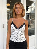 Women Retro Stylish Camis Dots Print Lace Trim Sleeveless V Neck Slim Fit Tank Tops Spaghetti Strap Vest Summer Daily Casual