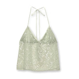 Women Sequins Tank Tops V-Neck Tie-Up Halter Neck Casual Vest Summer Sleeveless Crop Tops Streetwear