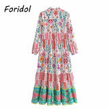 Foridol Floral Print Casual Boho Shirt Dress Maxi Long Autumn Winter Long Sleeve Dress Vestidos 2025 Button Up Dress