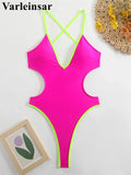 V Neck Splicing Extreme String Mini Micro Thong Women Swimwear One Piece Swimsuit Female Padded Bathing Suit Bather Swim V7085