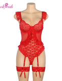 Plus Size Sheer Mesh Teddy Bodysuit for Women Sexy Lace Lingerie Set with Adjustable Garter Belt Curvy Nightwear Romantic Outfit