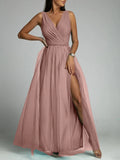 Elegant Solid Color Fine Sparkle Party Dresses Women Temperament V-neck Leace-up Mesh Slit Long Dress Evening Vestidos Female