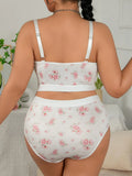 Plus Size Lingerie Set, Sexy Lace Spliced Print Plunge Cami Bra & Panty