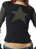Early Autumn Punk Style Slim Fit T-shirt Women Long Sleeve Crew Neck Star Stripes Patchwork Ladies Tops for Casual Daily