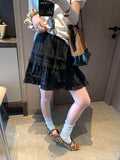 Sweet Korean Style Lace Loose Short Skirt White Tiered Ruffled Mini Skirt Elastic Waist Cute Casual Summer Skirt For Women EHAB