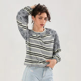 Loose Knitted Tops Women Contrast Color Stripe Floral Print Long Sleeve Pullovers Fall Winter Casual Jumpers