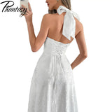 White Jacquard Backless Bow Evening Party Dress Women Robes Backless Elegant Sexy Dress Bodycon Long Summer Dress Vestidos