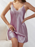 Solid Color Satin Spaghetti Strap Nightdress Women Sexy Lace Patchwork V-neck Mini Dress Pajamas Hot Girl Nightgown Home Outfits