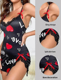New Sexy Black Nightgown for Women Red Heart  Love Print Satin Lace Trim Mini Chemise Adjustable Spaghetti Strap Lingerie