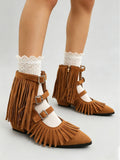 Women's Vintage Fringe Summer Ankle Boots Bohemian Buckle Straps Pointed Toe Ethnic Tassel Hollow Out Western Cowgirls Shoes