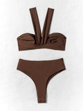 Sexy Brown Women's Swimsuit Halter Metal Water Droplet Push Up Two Piece Bikini Set 2025 Bathing Suit Pleate High Waist Swimwear