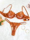GOLD Floral Embroidery Satin Lingerie Set Sheer Mesh Underwire Bra & Thong Women Sexy Intimates ZA824031