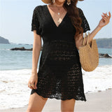 S - XL Short Sleeve V Neck Crochet Knitted Tunic Beach Cover Up Cover-ups Beach Dress Beach Wear Beachwear Female Women V5314
