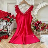 Women Petals Trim V Neck Nightdress Elegant Sleeveless Sleep Dress Perfect for Romantic Date Nights Valentine's Day and Special