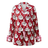Women's Christmas 2 Pieces Pajama Sets Fashionable Santa Printed Long Sleeve Tops with Shorts Satin Soft Sleepwear