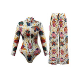 S - XXL New One Piece Swimsuit Women Swimwear Female Padded Bather Bathing Suit Swim With Pants Zipper Printed Long Sleeve K8113