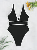 2026 V-neck Vintage Swimsuit One Piece Solid Slim Swimwear Women Bathers Bathing Swimming Swim Suit Female Beachwear