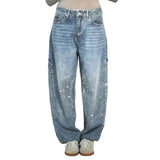 Women's Straight Leg Denim Pants High Waisted Baggy Wide Leg Bling Jeans Casual Sparkly Harem Jeans for Streetwear