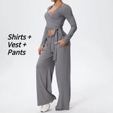 3 Pcs Women's Seamless Yoga Set Sports Fitness Gym Slim-Fit Long Sleeve & Tank Top Suits Workout Running Training Sets