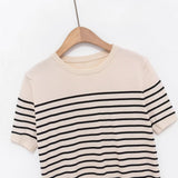 Fashion Striped Knit Sweater Black Striped Knit T Shirt Casual Short Sleeve Crew Neck Slim Fit Top For Women Summer Daily 0HAD