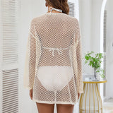 V Neck Long Sleeve Hollow Out Crochet Knitted Tunic Beach Dress Beach Wear Beachwear Beach Cover Up Cover-upsFemale Women V6335