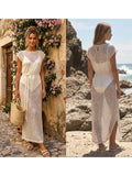 Women's Solid Color Knit Sheer Dress Summer Swim Cover Up Cap Sleeve Round Neck Sequin Dresses for Beach