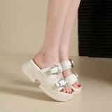 Luxury Rhinestone Thick Bottom Sandals Women 2026 New Silk Satin Embroidery High Heel Sandals Woman Summer Thick Heeled Slippers
