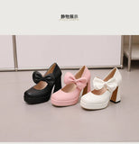 Plus Size Women's Bow Mary Janes Platform Chunky Heels Ankle Strap High Heel Pumps Sweet Lolita Party Dress Shoes
