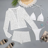 Women white black micro mini string bikini sets 4 pieces with hollow out cardigan tops and shorts swimsuit bathing suits biquini