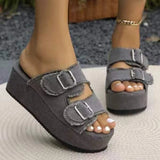 Women Denim Belt Buckle Wedge Heels Slippers Summer2026 Non Slip Thick Sole Beach Slippers Woman Fashion Buckle Platform Sandles