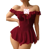 Large size pure lust style burgundy mesh jumpsuit one-shoulder ruffled sexy lingerie