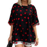 Summer T-Shirt Women Casual Loose Fit Stylish Love Heart Print Crew Neck Short Sleeve Tops