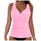 Women's Removable Padded Tankini Top V Neck Waist Defining Ruffled Separate Swimsuit Top Ruched Support Bathing Suit Swim Top