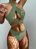 Halter Cross Bandage High Cut Bikini Female Swimsuit Women Swimwear Two-pieces Bikini Set Hollow Out Bather Bathing Suit Swim