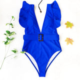 New Sexy Ruffled White Deep V One Piece Swimsuit Women Swimwear Female With Belt Monokini Bather Bathing Suit Swim Lady V2198