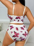 New Arrival Plus Size Sexy Petal Print Lace Spliced Lingerie Set, Plunge Cami Bra