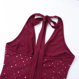 Sexy Halter Backless Rompers Short Jumpsuit Wine Red Black Deep V-neck Backless Lace-up Rhinestones Playsuit Female Bodysuit