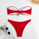 sexy solid black and red bandeau bikinis sets two pieces metal high waist thong swimsuit bathing suit swimwear biquini bakini